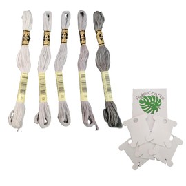 DMC Gray Ombre Cotton Embroidery Floss Bundle with Rylei Crafts Plastic Bobbins, 6 Strands, 8.7 Yards, 5 Skeins, Grey
