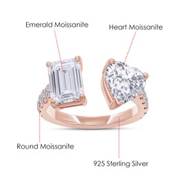 AFFY Toi Et Moi Half-Eternity Ring for Women, Round, Emerald & Heart Cut Moissanite Diamond Adjustable Engagement Ring In 14K Rose Gold Over Sterling Silver (2.30 Ctw, Clarity VVS1), Ring Size 4