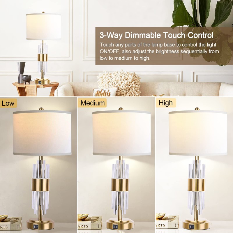 Table Lamp for Living Room with USB Ports, Gold Bedside