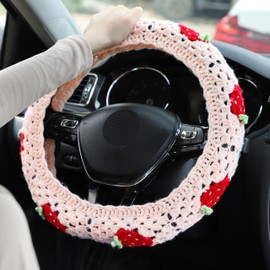 Crochet Steering Wheel Cover Set Women 14-15in, Handmade Granny Square Seat Belt Covers, Boho Strawberry Car Accessories Fit Vehicles, Sedans, SUVs, Vans CSWCS (Single Wheel Cover)