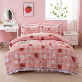 Holawakaka Ruffle Gingham Comforter Set Twin, Pink Ruffled Strawberry Plaid Bedding Set with Sheets, 5 Pieces Vintage Farmhouse Checkered Bed in A Bag for Girls Teen-Girls