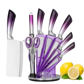 Kitchen Knife Set, 9 Pieces Purple Cleaver Knives Set with Rotatable Block, Non Stick Sharp Stainless Steel Chef Knife Set with Sharpener for Kitchen, Cooking Tools for Chefs Home Cooks (Purple)