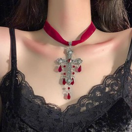 Niaspi Gothic Engraved Cross Velvet Choker Necklace for Women Unisex Vintage Punk Ruby Red Luxury Teardrop Glass Tassel Dangle Drop Necklaces Adjustable Exaggerated Lace Cross Statement Jewelry