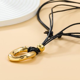 Vanesseva Women's Metallic Oval Geometric Chunky Sim Pendant Leather Chain Golden Silver Charm Beachy Trendy Unique Deisgner Everyday Boho Necklace Fashion Costume Jewelry