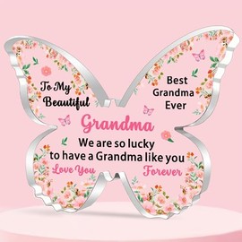 JETTOP Grandma Gifts-Best Grandma Birthday Gifts from Grandchildren Beautiful Grandma Christmas Mothers Day Butterfly Acrylic Presents So Lucky Have a Grandma
