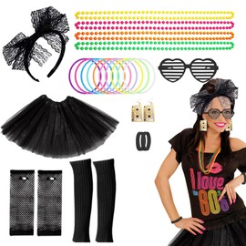 Zuzer 80s 90s Outfit Women's 80s Clothing 25 Pieces 80s Clothing Costume Neon Accessories Theme Party Carnival Clothes Black