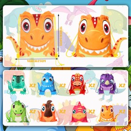 Hillban 16 Pcs Animal Drawstring Bags for Kids Party Favors Drawstring Backpack with Ear for Safari Birthday(Dinosaur Style)