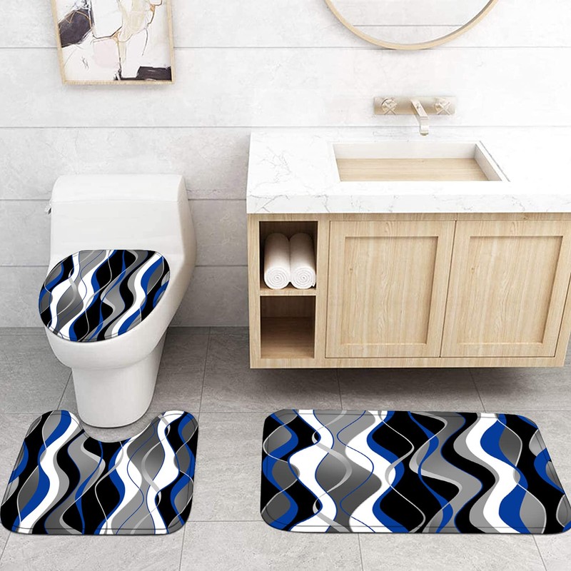 Nkzply 4 Pcs Blue Shower Curtain Black Bathroom Sets with