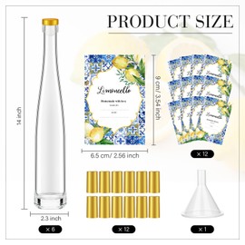 Maxcheck 6 Set 12 oz 375ml Lemoncello Glass Wine Bottles Set with Labels Stickers Airtight Empty Clear Liquor Bottles with Lid for Homemade Extracting Liqueur Suitable for Gift Giving(Blue Lemon)