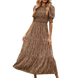 BTFBM Women Casual Summer Dresses 2025 Spring Crew Neck Ruffle Short Sleeve Floral Print Smocked Boho Flowy Maxi Dress(Floral Coffee White, X-Large)
