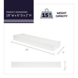 HIGH & MIGHTY 515651 Modern 18" Floating Shelf Holds up to 15lbs, Easy Tool-Free Dry Wall Installation, Flat, eCommerce Packaging, White