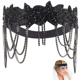 CABODYALS Flapper Headband Black Rhinestone Tassel Headdress Bead Head Band Vintage Crystal Glitter Roaring 1920s Headpiece Hair Chain for Women Outfits Dresses Costumes Cosplay Party Prom Accessories