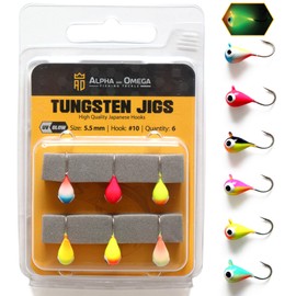 ALPHA and OMEGA - Tungsten Jig KIT (6 Jigs) (5.5mm / Hook #10) Ultra Glow & UV Ice Fishing Jigs Lures Trout Crappie Perch Bluegill Bass Whitefish Walleye (Pack of 6)