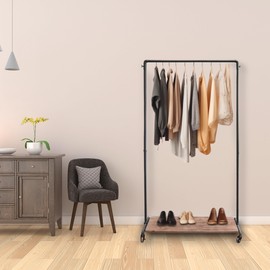 Metal Garment Racks with Wood Shelf - Rolling Clothes Rack with Lockable Wheels - Industrial Pipe Style Clothing Rack for Laundry Room or Stores,Rustic Finish