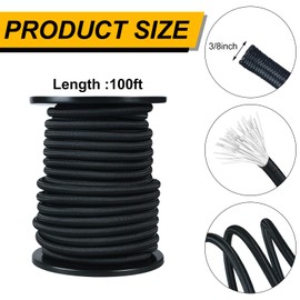Wesnoy 3/8 Inch 100 ft Bungee Shock Cord Rope Heavy Duty Kayak Bungee Elastic Stretch Shock Cord Black Polyester Stretch Rope for DIY Projects Kayak Strap Tie Downs Camping Tent Crafting