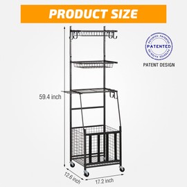 PLKOW Sports Equipment Storage for Garage, Indoor/Outdoor Sports Rack for Garage, Ball Storage Garage Organizer with Basket and Hooks,Toy/Sports Gear Storage