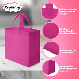 Reginary 100 PCS Reusable Totes Bag Bulk, Non Woven Grocery Handle Bag Portable Bag for Shop Events Retail Store (Pink)