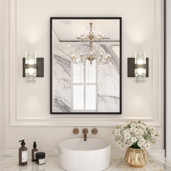 LOAAO 22"X30" Black Rectangle Bathroom Mirror Wall, Matte Black Aluminum