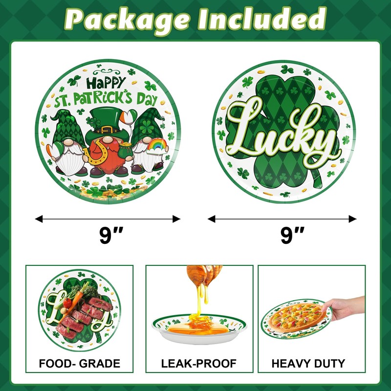 St. Patrick's Day Party 9 Inch Plates Green Shamrocks Gnomes