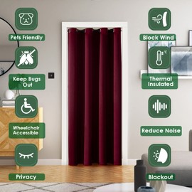 ChrisDowa Blackout Door Curtains for Doorway Privacy, Grommet Closet Curtains for bedroom closet door, Thermal Insulated Temporary Door Cover Room Divider Curtain (1 Panel, Burgundy Red, 34 x 80 Inch)