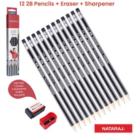 Nataraj Writing Pencils, Platinum, BLACK Bonded Lead, Pack of 12, 2B Wood Rubber Eraser Tip Dark Pencils, Sharpener, School Home Children Kids