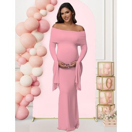 JustVH Women's Maternity Long Sleeve Off Shoulder Pregnancy Photography Dress for Baby Shower Photoshoot Party Pink