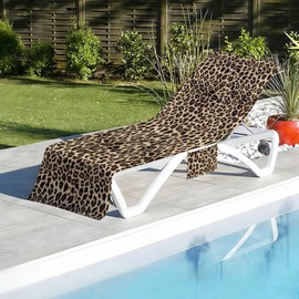 Irisbell Lounge Chair Towel Cover with Side Pockets,Thick Quick Dry Chaise Lounge Cover,Beach Chair Towel Covers for Pool Sunbathing Camping Garden (Leopard)