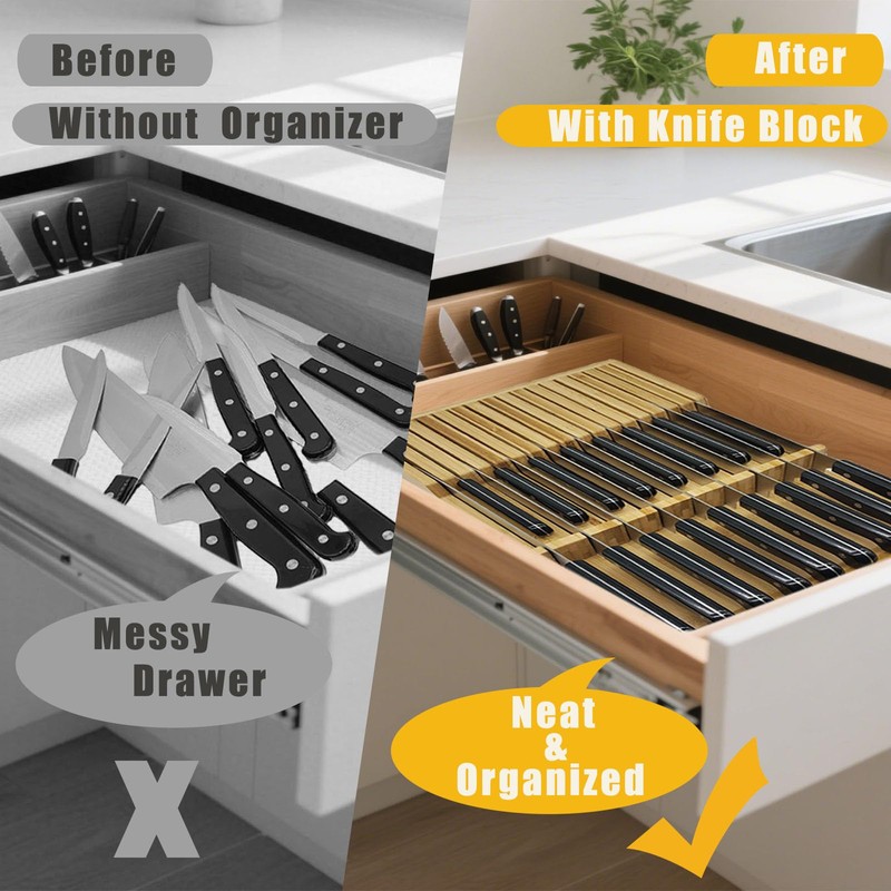 MIAO YUAN Bamboo In-Drawer Knife Block, 17 Slot Large Capacity
