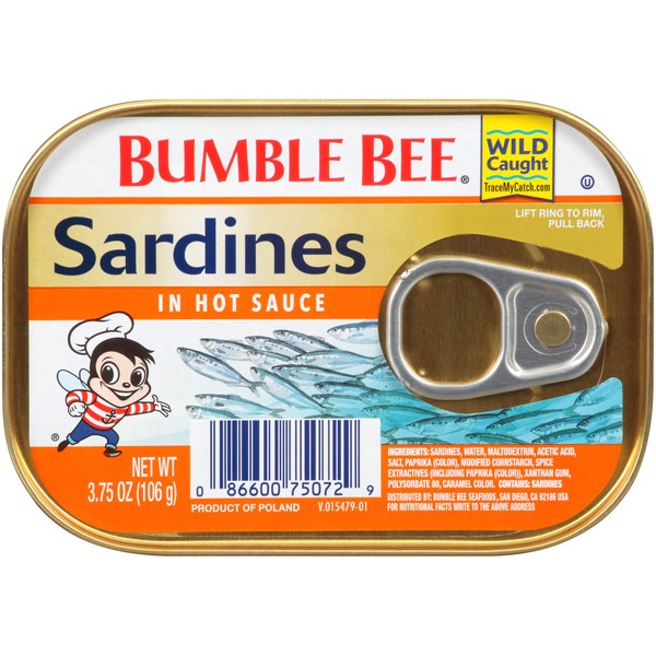 BUMBLE BEE Sardines in Hot Sauce, 3.75 Ounce Can (Pack of 18), Canned Sardines, High Protein Food, Keto Food, Keto Snacks, Gluten Free Food, Canned Food, Low Carb Snacks