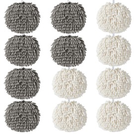 XHMAXE 12-Pack Fuzzy Ball Towels for Kitchen, 7.1 Inch Soft Absorbent Microfiber Super Fluffy Chenille Ball Towels for Bathroom, Quick Dry Towel with Loop Hanging (6Each White and Grey)