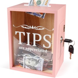 Yamahiko Wooden Tips Jar Tip Collection Box with Lock 6 x 4¾ x 7¾ Inch Money Coin Storage Container Donation Collection Suggestion Raffle Cash Box Jar for Restaurants Musicians Bartender Bars, Pink