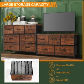 Dresser for Bedroom with 7 Drawers, Anti-Tip Wide Fabric Chests Storage Organizer Tower Furniture, TV Stand for TV up to 45 inch with Wooden Top Metal Frame for Clothes, Living Room, Hallway, Entryway