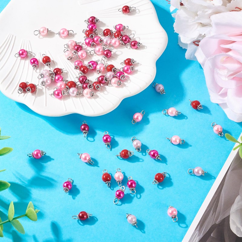 Pandahall 80Pcs Glass Pearl Connector Charms 13mm Pastel Pink Red