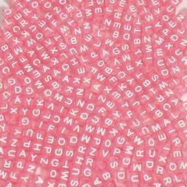 1200pcs 6×6mm Alphabet Beads Transparent Pink Cube Acrylic White Letter Beads, for Bracelets and Jewelry Making