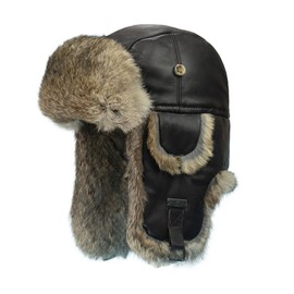 Fur Winter Trapper Hat - Sheepskin Russian Trooper Aviator Hats Hunting Ski Ushanka Hat with Ear Flaps 100% Rabbit Fur for Men & Women