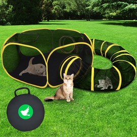 DiDiBirDi Foldable Cat Enclosure - Portable Outdoor Pet Tent with Tunnel, Breathable Mesh Playpen for Dogs, Small Rabbits, Includes Carry Bag（Yellow）
