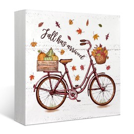 Mtrgdn Fall Decor,Fall Decorations for Home Wooden Box Sign,Fall Has Arrived Pumpkin Bicycle Autumn Harvest Thanksgiving Wooden Signs,Farmhouse Rustic Fall Decor for Table Desk Shelf 5x5 Inches