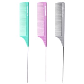 Goodofferplace 3 PCS Rat Tail Combs Parting Rattail Teasing Fine Tooth Comb with Metal Pick for Curly Hair,Detangling Parting Combs for Women for Braiding,Styling Hair(Green Purple Grey)