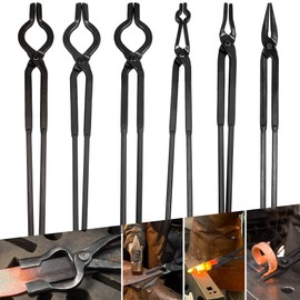 V-SEK Blacksmith Knife Making Tongs Set - 3/8" 1/2" 5/8" V-Bit, 1/4 Flat Jaw, Pick Up, Scroll - Assembled Blacksmithing Bladesmith Steel Forge Tongs (6PCS)
