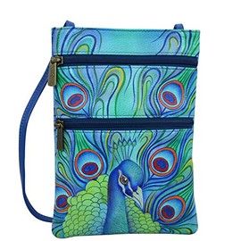 Anuschka Women's Leather Hand Painted Double Zip Travel Crossbody Bag, Jeweled Plume