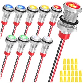 MKBKLLJY 10pcs 8mm AC/DC 12-24V LED Metal Indicator Light Waterproof Signal Lamp 5 Colors(Red/Yellow/Blue/Green/White) 150mm Cable Length Metal LED Indicator Light with Wiring Cap