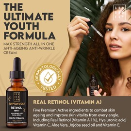 Egyptian Gold Retinol Face Serum (1%) – Powerful anti-aging formula with hyaluronic acid, vitamin C, aloe vera & jojoba oil. Hydrates & rejuvenates for all skin types.