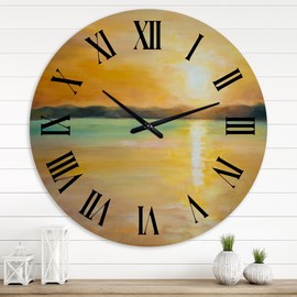Designart 'Yellow Sunset At The Horizon' Nautical & Coastal wall clock - 36 in. high, 36 In. Wide