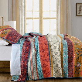 SahSahCasa 100% Cotton Quilt Queen Size, Queen Quilt Set, Vintage Boho Reversible Quilt Bedding Set Quilted Bedspread, Lightweight Comforter Bed Spread for Queen Bed, Red/Spa Green/Mute Yellow, 3pcs