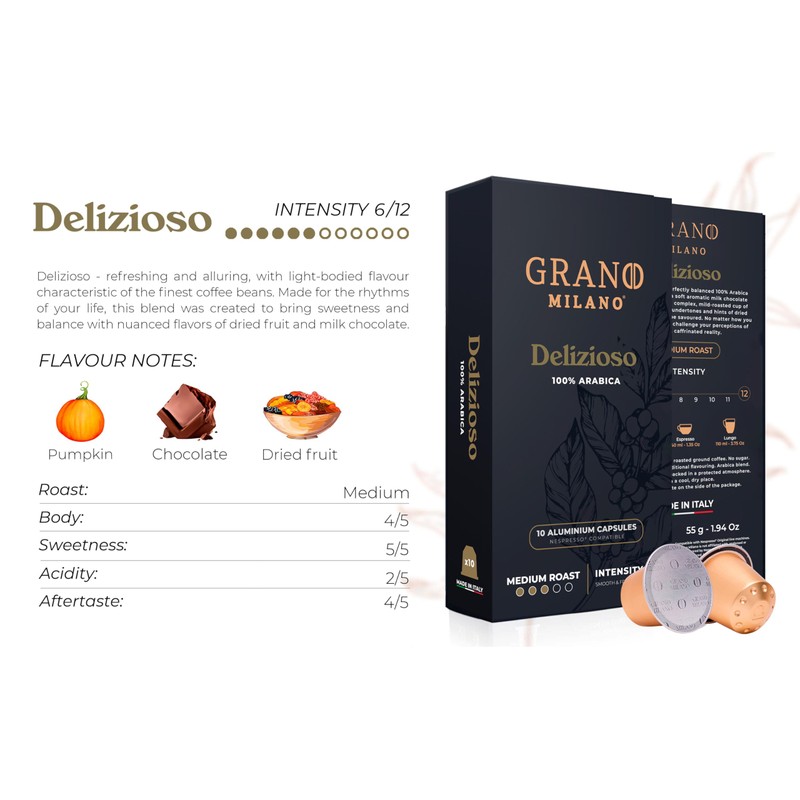Grano Milano Delizioso 50 Aluminium Coffee Pods Compatible with Nespresso
