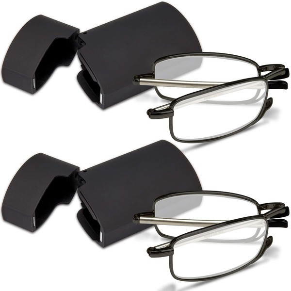 Marc De Rez Mini gafas de lectura plegables paquete de 2 – fundas abatibles – lectores de recetas plegables para hombres y mujeres, Negro, Small
