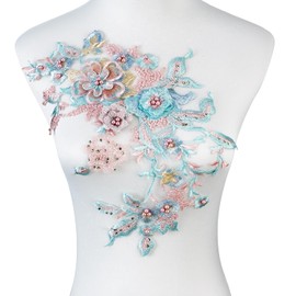 Silvora Colorful Flower Fabric Beaded Lace Applique,3D Embroidered Flower Fabric Patch for Bridal Dress, Handmade Sewing Tool for Wedding DIY Crafts(Blue-2)