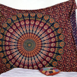 Popular Handicrafts Tapestry Wall Hanging Hippie Mandala Bohemian Hippy Intricate Indian Tapestries Bedspread 84x90 Inches (215cm x 230cm) Blue Orange