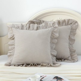 Silnuo Brown/White Ruffle Plaid Throw Pillow Covers Farmhouse Checkered Gingham Pillow Cases 20"x20" Pillow Shams for Couch,Sofa,Bed and Living Room(Green/White Plaid, 20"x20")