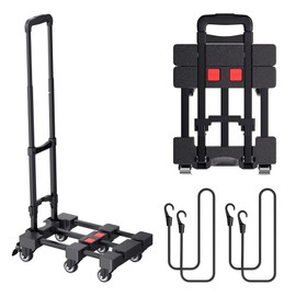 Folding Hand Truck, 500 LB Heavy Duty Luggage Cart, Portable Utility Dolly Platform Cart with Retractable Handle & 6 Wheels & 2 Elastic Ropes for Luggage, Moving, Travel, Shopping, Office Use